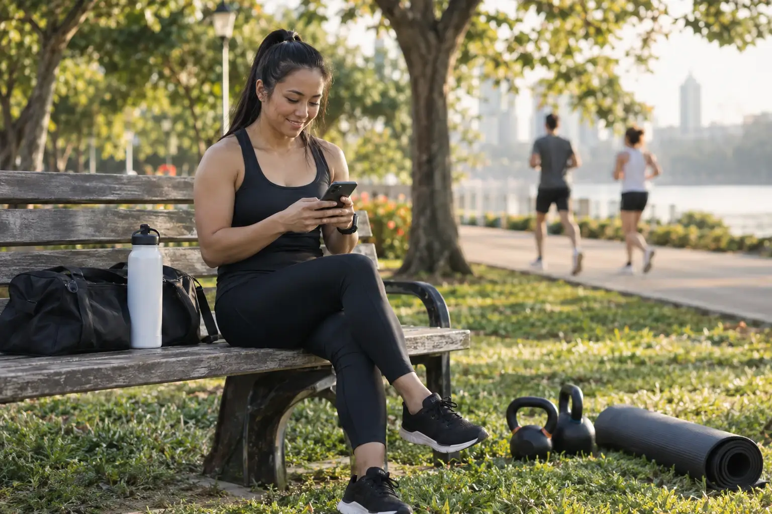 Une coach sportive répond à des messages sur son téléphone, assise sur un banc du parc avec ses kettlebells et son tapis sur la pelouse