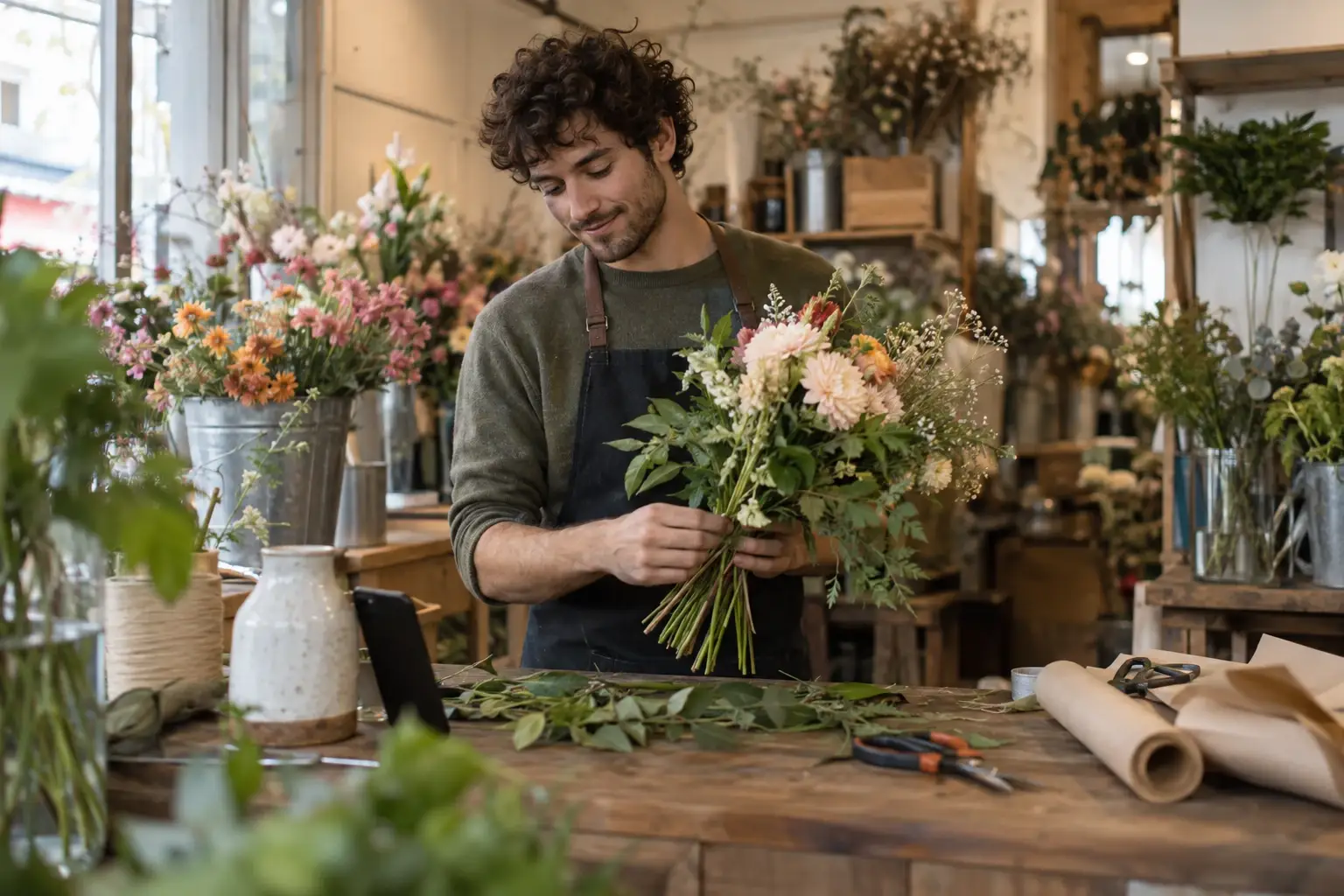 Un jeune fleuriste compose un bouquet sur le comptoir en bois de sa boutique, son téléphone appuyé contre un vase