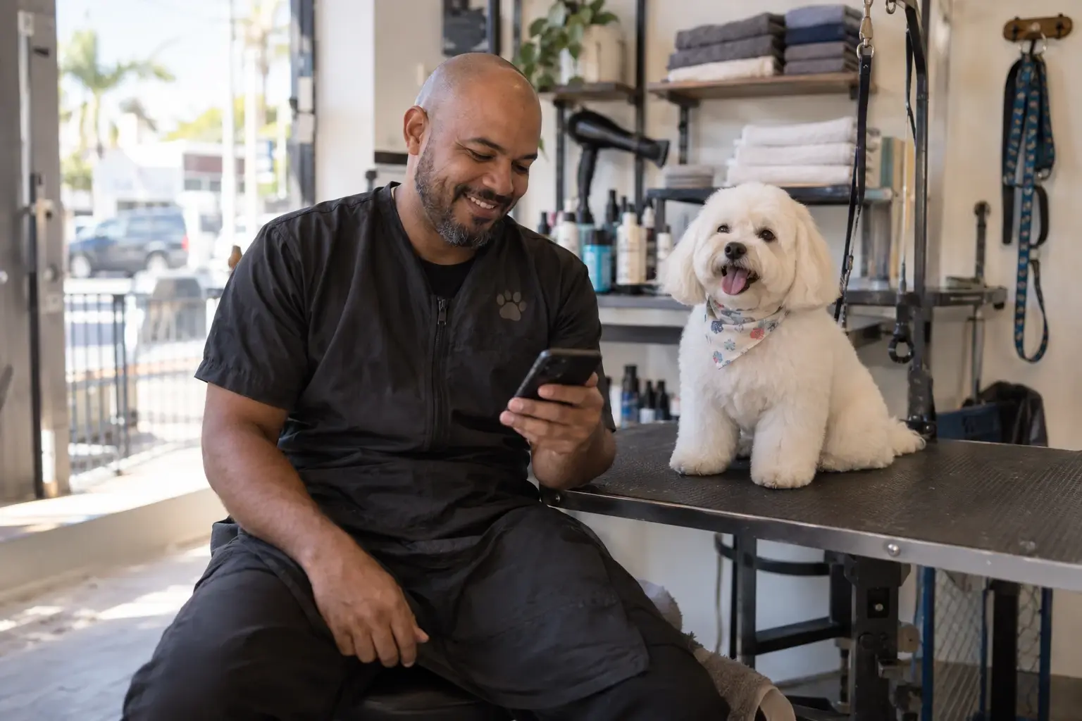 Un toiletteur pour chiens sourit en regardant son téléphone, assis à côté de la table où attend un petit chien blanc fraîchement toiletté