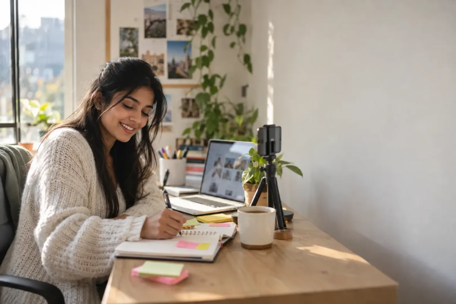 Une jeune créatrice de contenu sourit en prenant des notes avec des post-it colorés à son bureau, l’ordinateur ouvert et un trépied avec son téléphone, près d’une fenêtre.