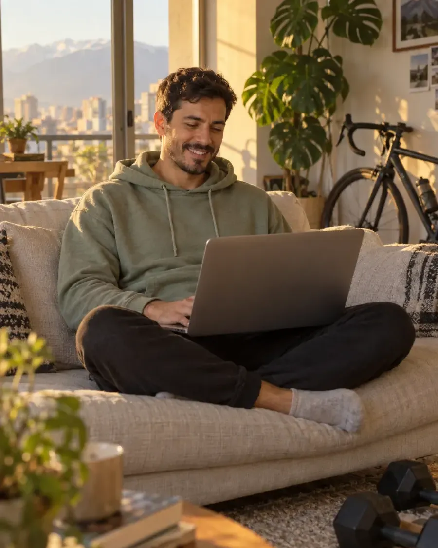 Un jeune homme sourit, assis sur un canapé avec son ordinateur sur les genoux, dans un salon avec des plantes et un vélo, la ville et les montagnes derrière la fenêtre