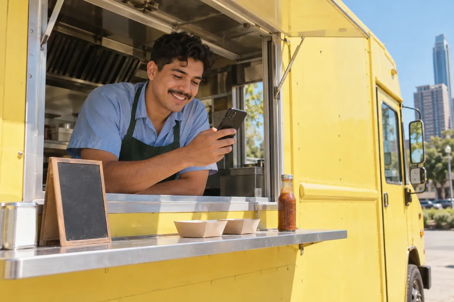 Le propriétaire d’un food truck de tacos, mexicano-américain d’environ vingt-huit ans, en chemise bleu ciel et tablier vert, sourit en lisant une commande sur son téléphone, penché à la fenêtre de son camion jaune, au soleil