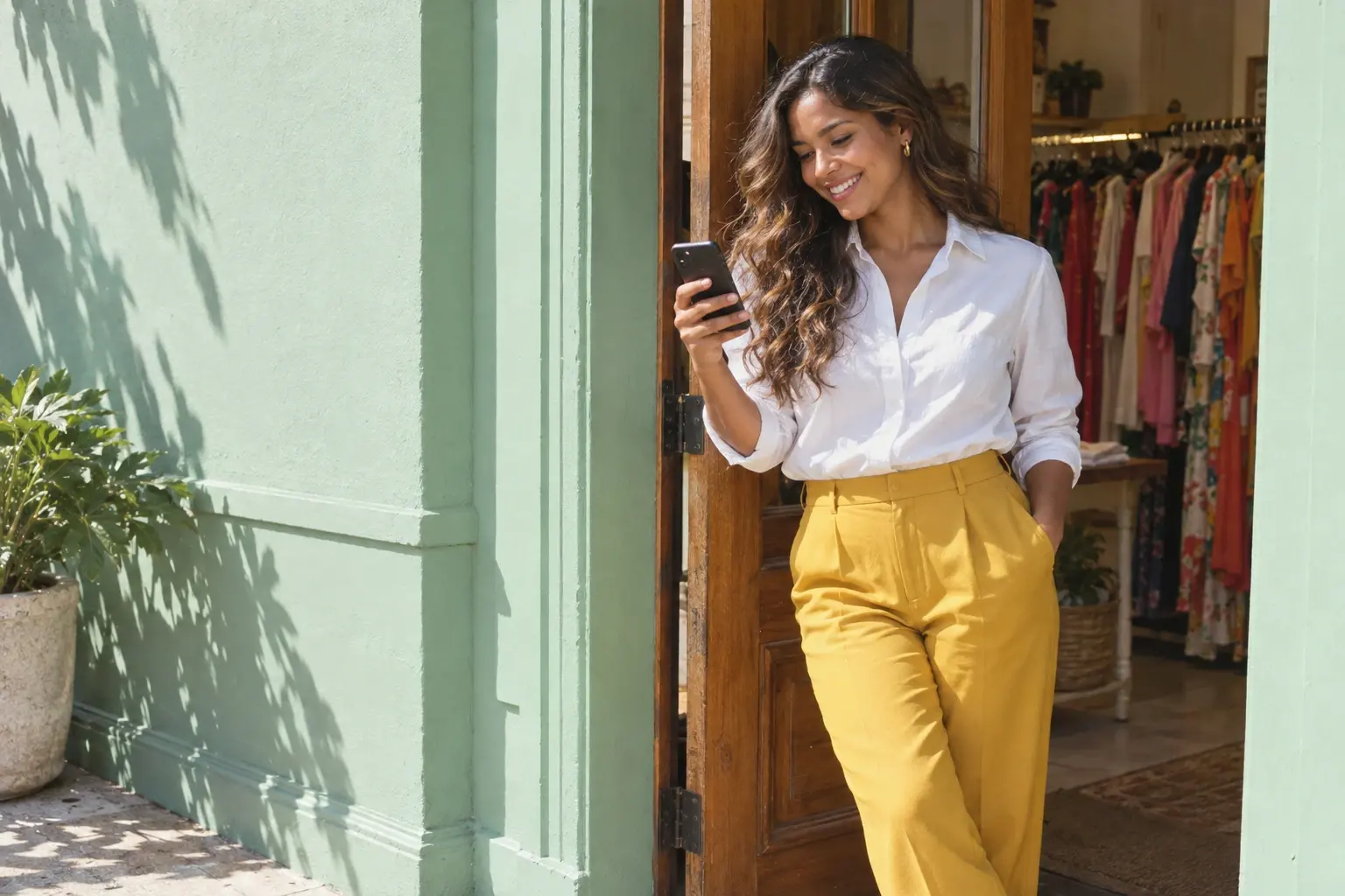 La propriétaire d’une boutique de vêtements, dominicano-américaine d’environ vingt-huit ans, en chemise blanche et pantalon jaune moutarde, sourit en regardant son téléphone, appuyée contre la porte de sa boutique à la façade vert menthe, au soleil