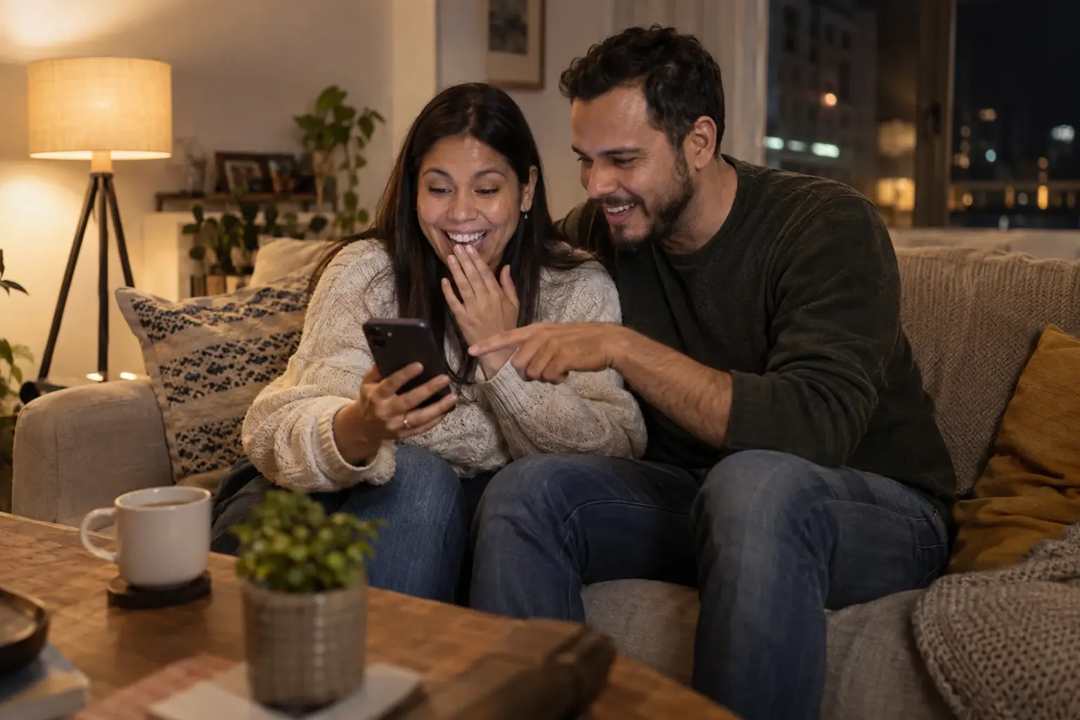Un couple assis sur le canapé de son salon, le soir, regarde avec enthousiasme l’annonce d’une maison sur un téléphone