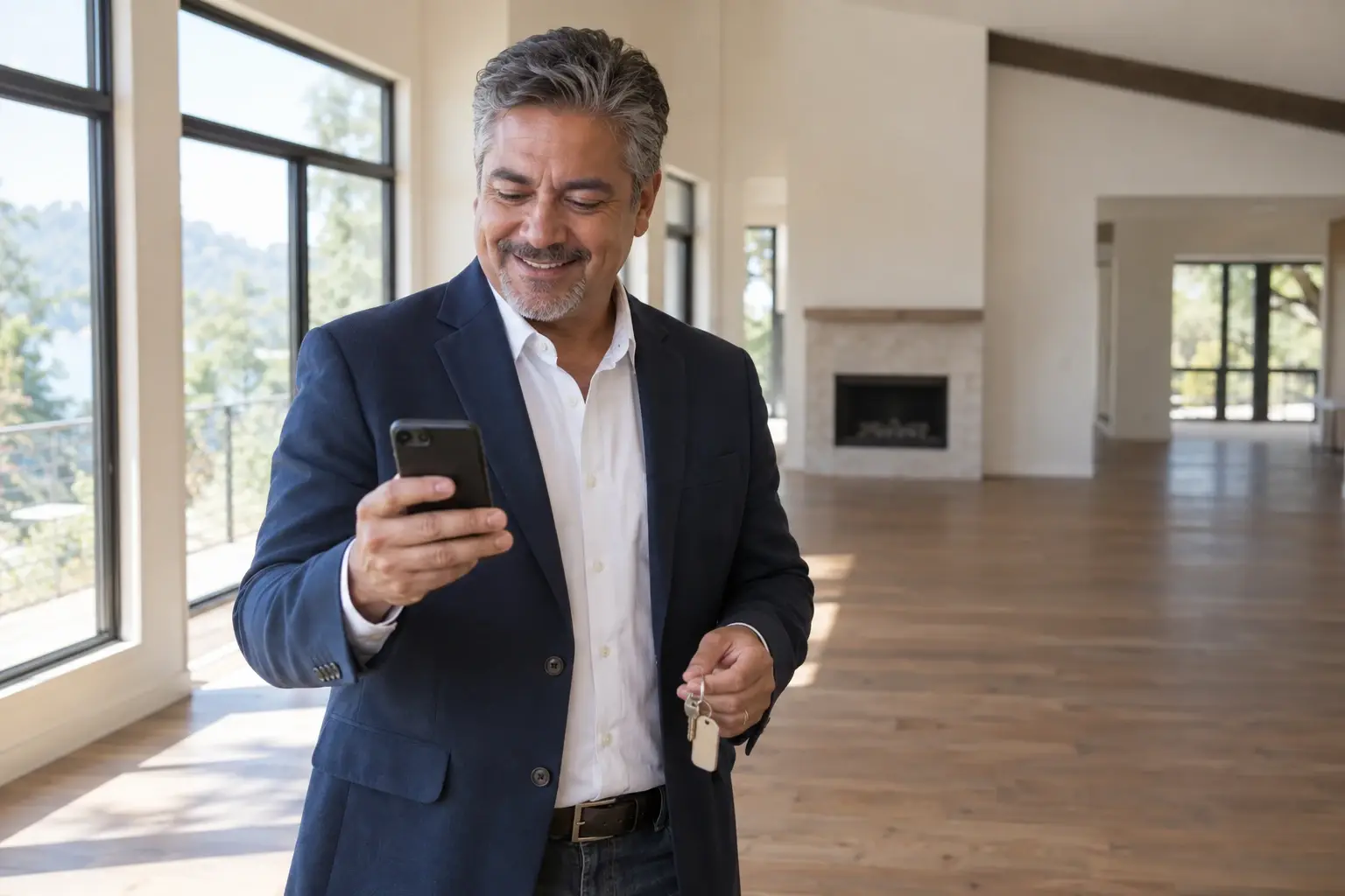 Un agent immobilier aux cheveux grisonnants sourit en répondant à un message sur son téléphone dans le salon vide d’une maison à vendre, les clés dans l’autre main