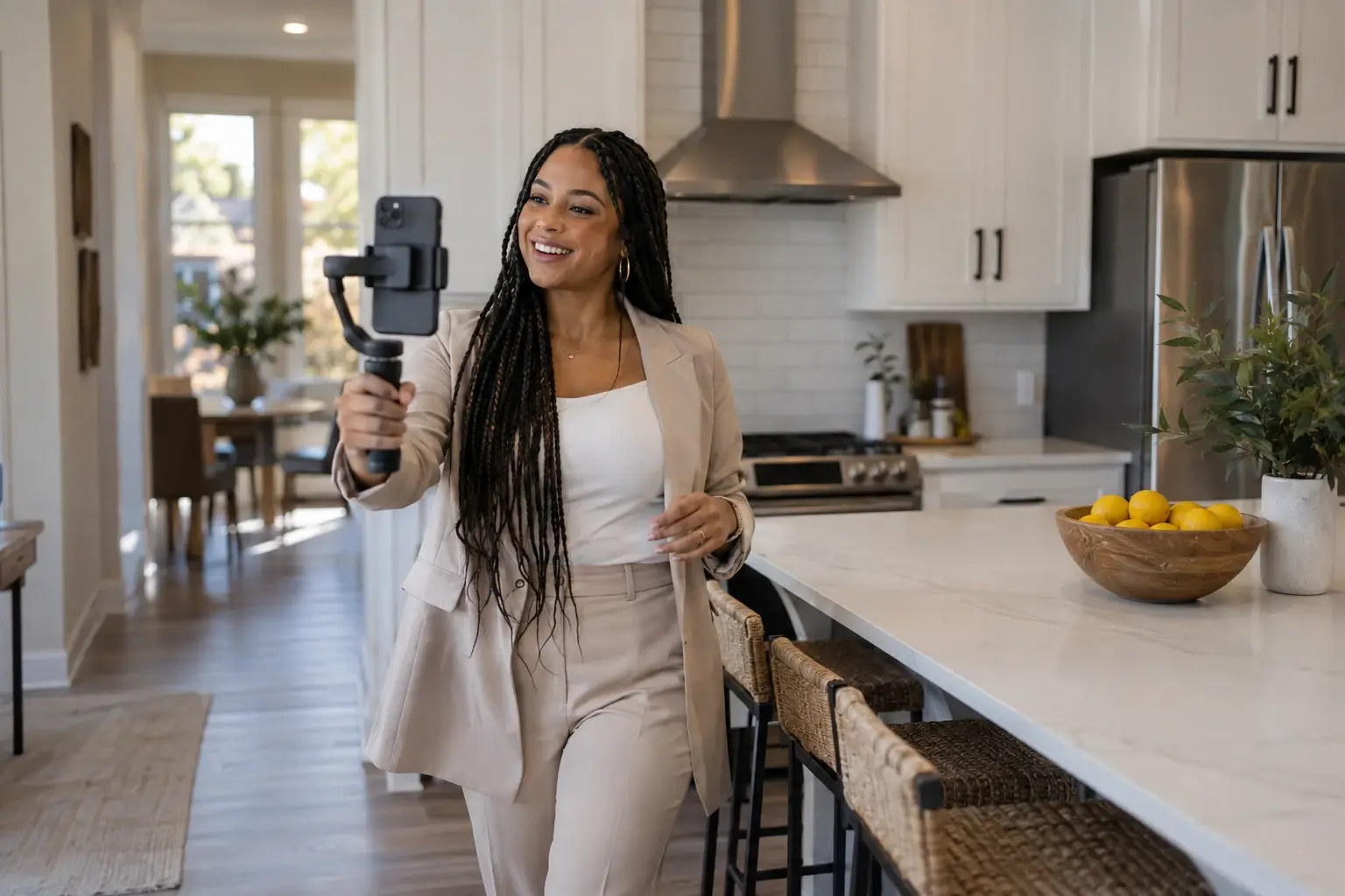 Une agente immobilière aux longues tresses filme avec son téléphone sur un stabilisateur la visite d’une cuisine blanche