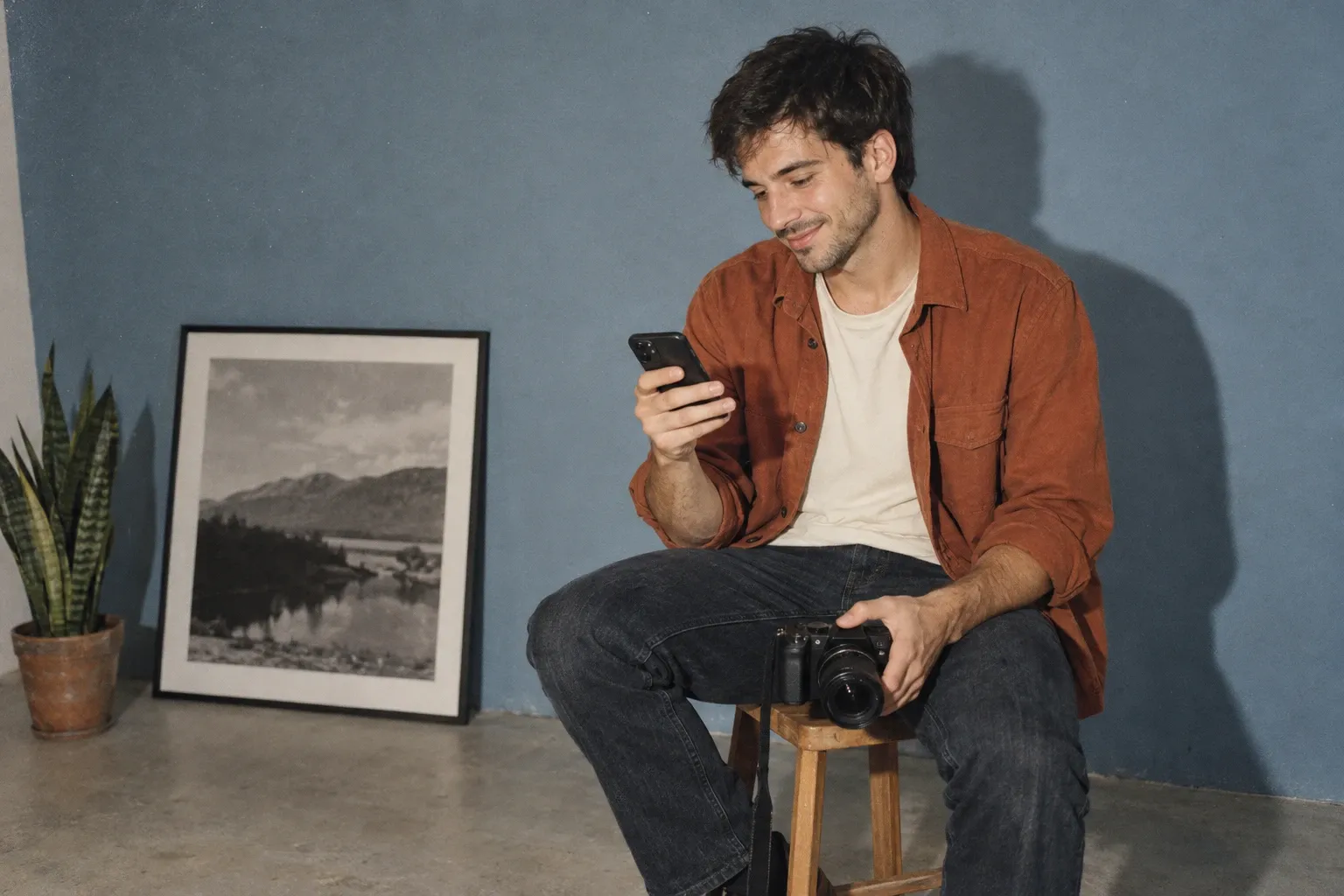 Un photographe argentin d’environ vingt-huit ans, aux cheveux bruns en bataille, aux yeux verts et à la barbe de quelques jours, en surchemise couleur rouille, regarde son téléphone assis sur un tabouret devant un mur bleu-gris, son appareil photo sur le genou, une photo de paysage encadrée posée contre le mur et une plante.