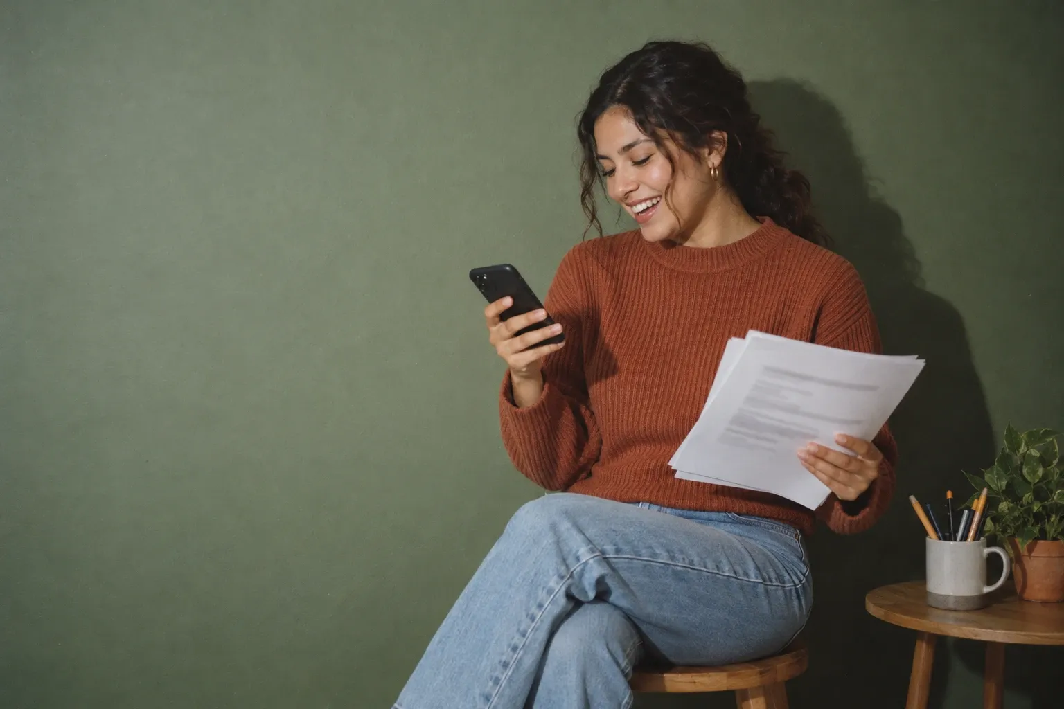 Une professeure d’anglais mexicaine d’environ vingt-huit ans, aux cheveux ondulés attachés et au pull terracotta, rit en regardant son téléphone, assise sur un tabouret devant un mur vert sauge, quelques feuilles imprimées à la main et une tasse de crayons à côté d’elle.