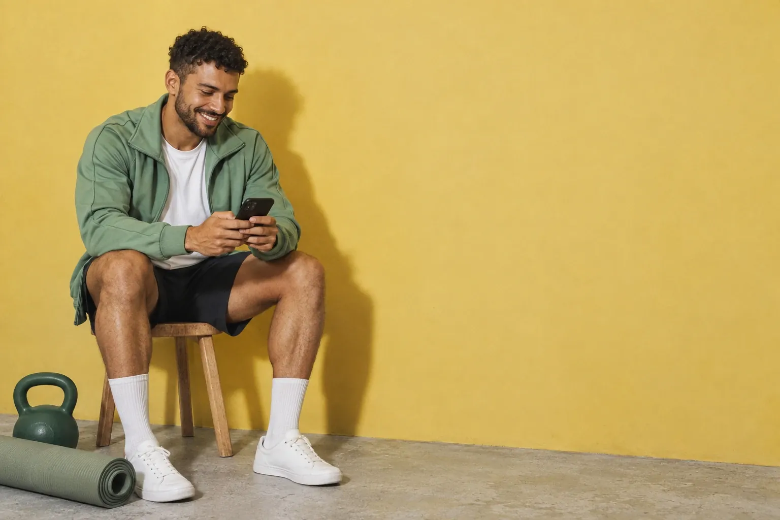 A Brazilian fitness coach and content creator in his early thirties, with short curly hair and a mint green track jacket, smiles at his phone sitting on a stool against a yellow wall, with a kettlebell and a rolled-up mat beside him.