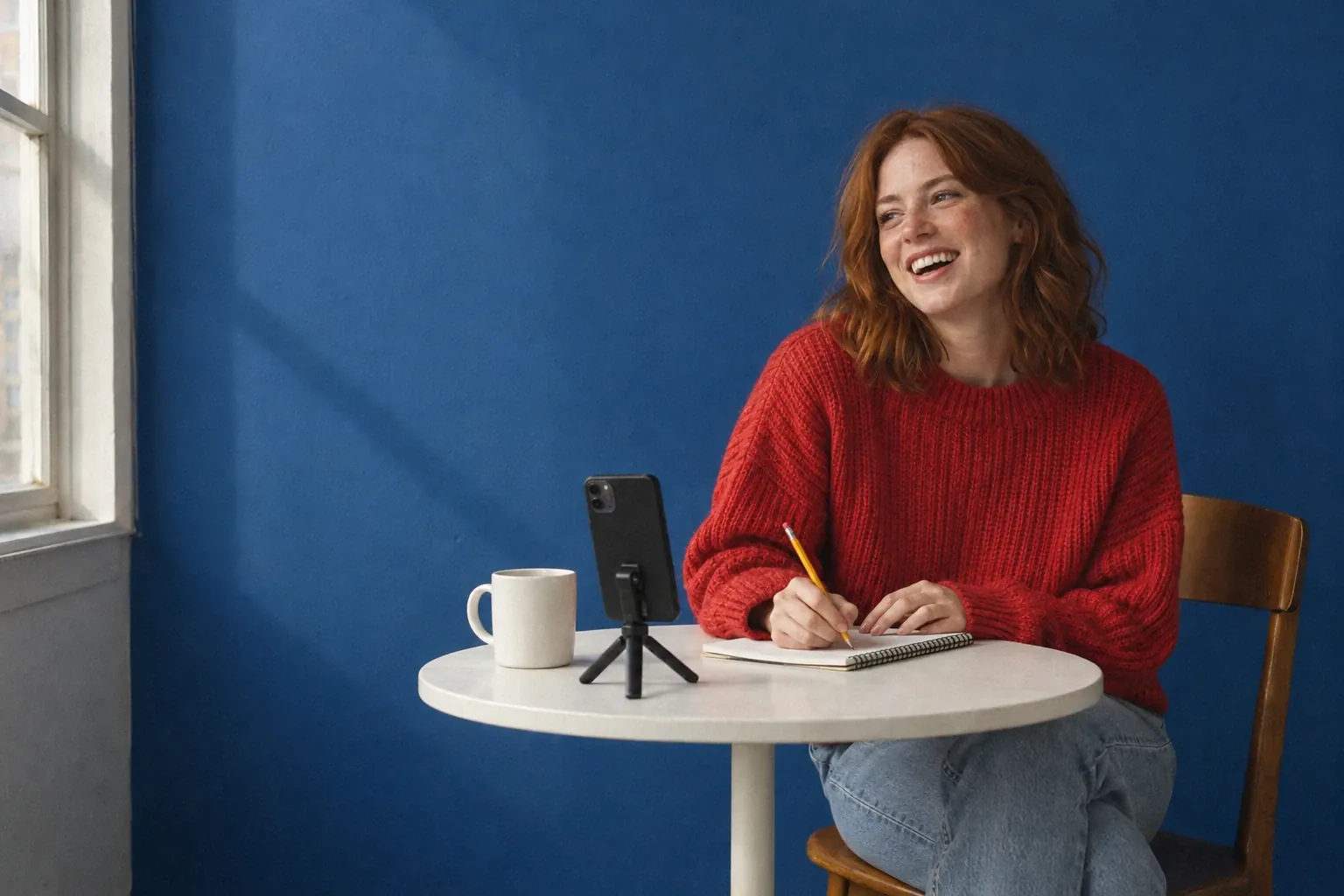 An American content creator in her late twenties, red-haired and freckled, in a red sweater, laughs as she writes in a notebook next to her phone on a tripod, in front of a cobalt blue wall.