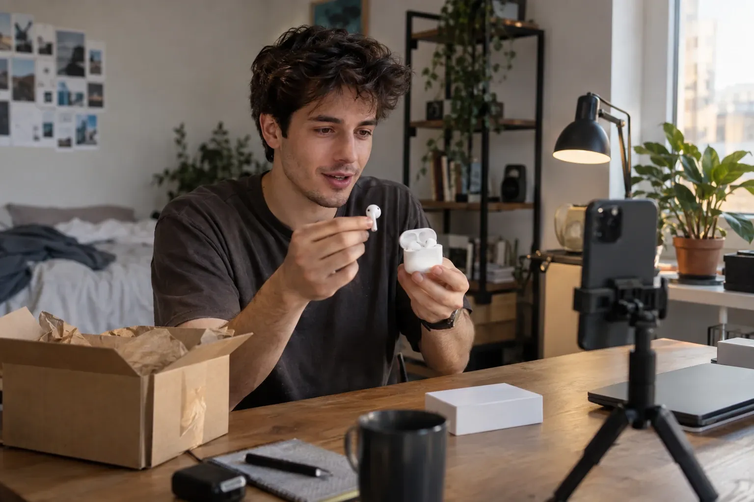 Um criador de conteúdo grava a análise de fones sem fio em casa