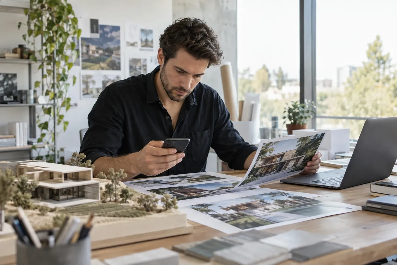 Um arquiteto compara no celular as fotos de uma casa pronta com as cópias impressas sobre a mesa