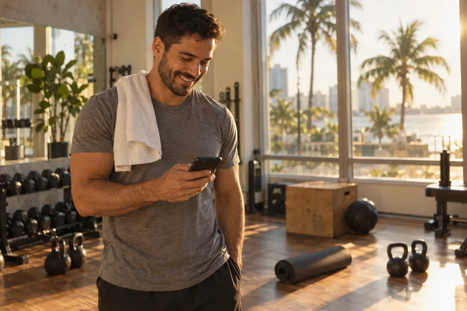 A Cuban American fitness coach in his early thirties, with a short beard and a gray T-shirt, smiles while checking his phone in a small, bright training studio in Miami, with a towel over his shoulder and palm trees behind the windows.