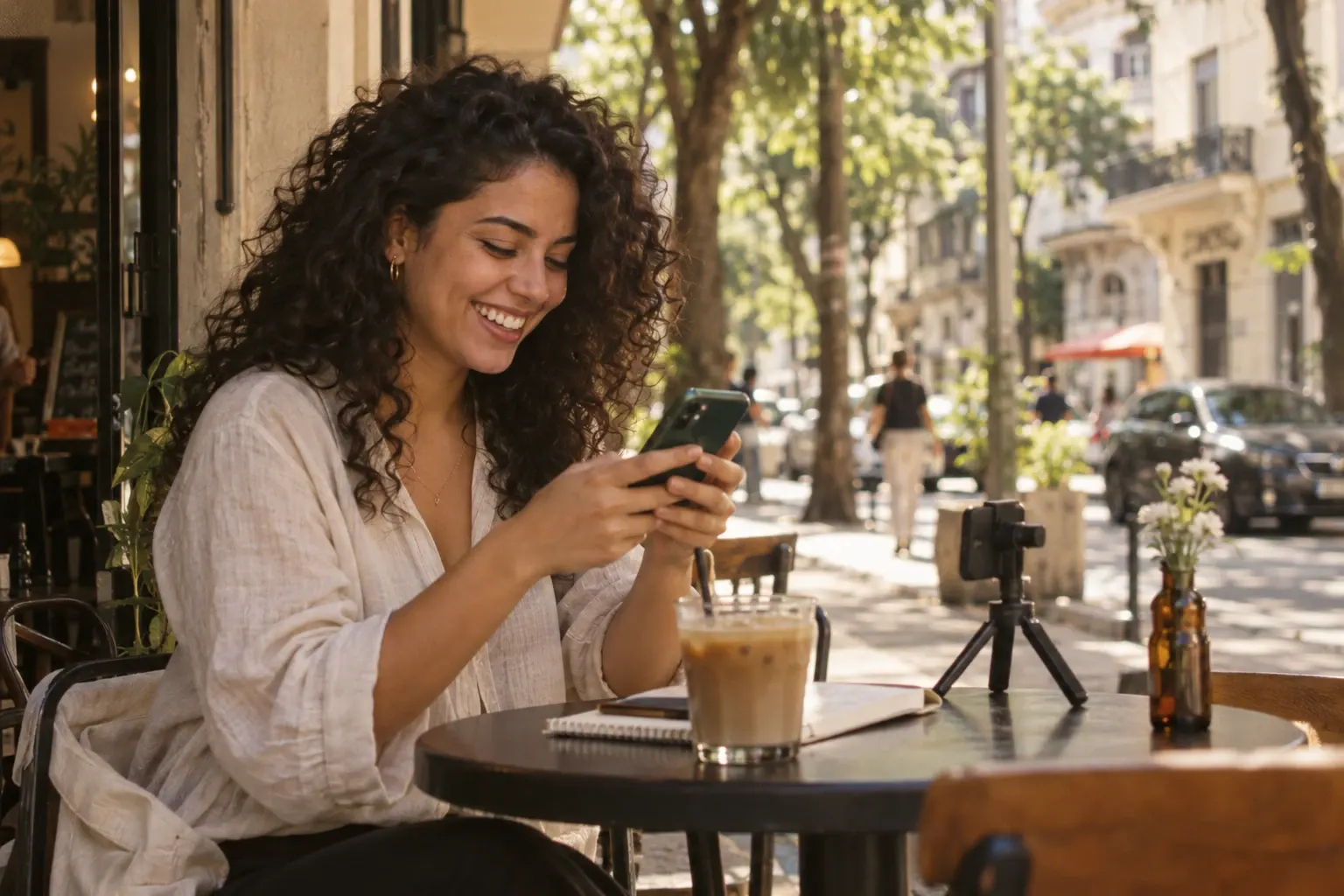 A Brazilian content creator in her mid-twenties, with curly hair and a linen shirt, laughs while editing something on her phone at an outdoor café table in São Paulo, with a small tripod and an iced coffee beside her.