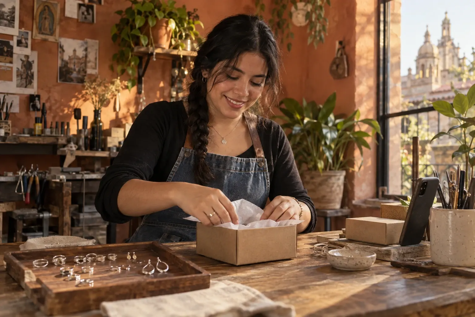 A Mexican jeweler in her thirties, with a loose braid and a denim apron, smiles while packing an order into a cardboard box in her Guadalajara workshop, with silver rings and earrings on a wooden tray.