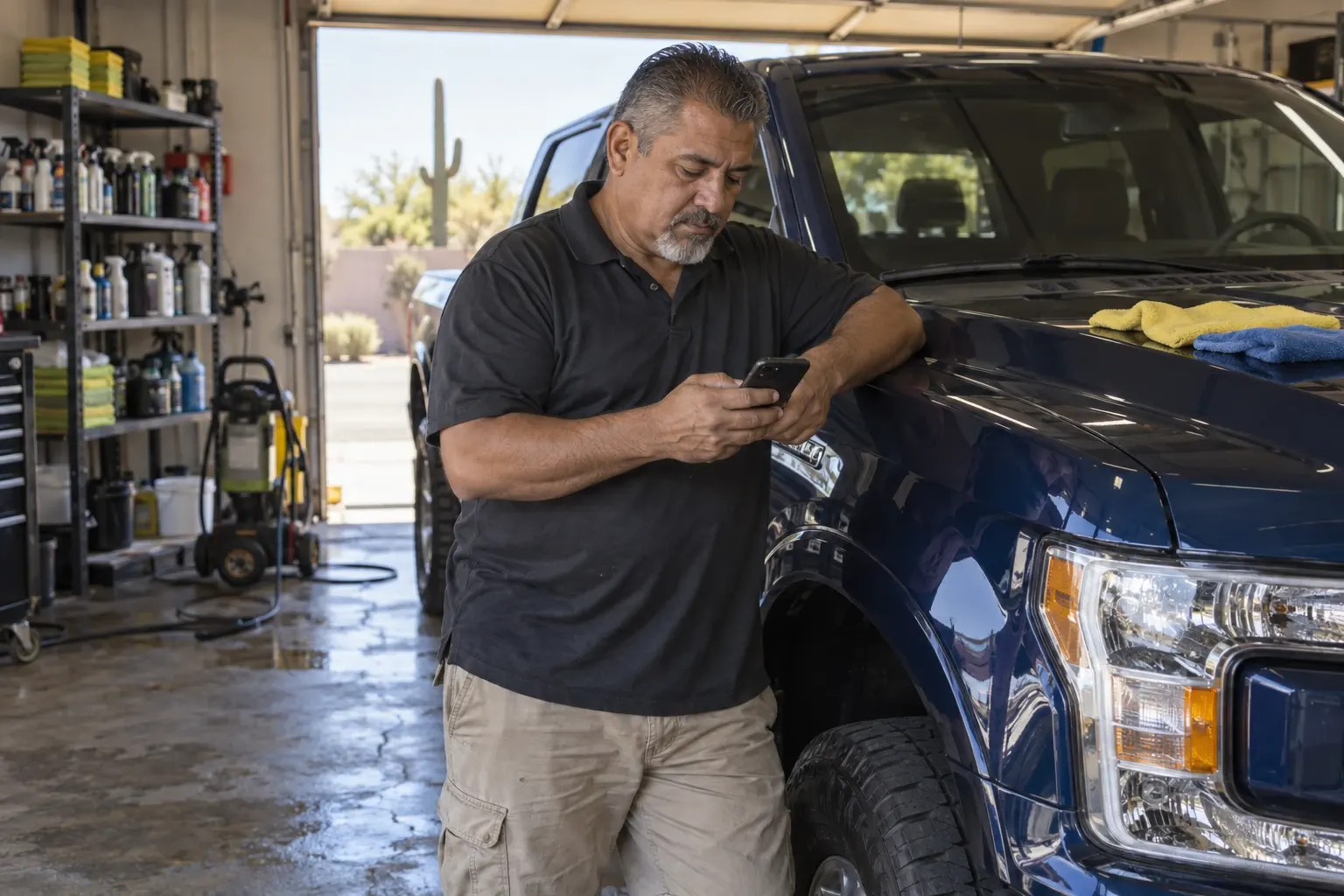 A Mexican American man in his fifties, with a graying beard and a work polo, checks his phone while leaning on a freshly polished blue pickup truck inside his auto detailing shop in Phoenix