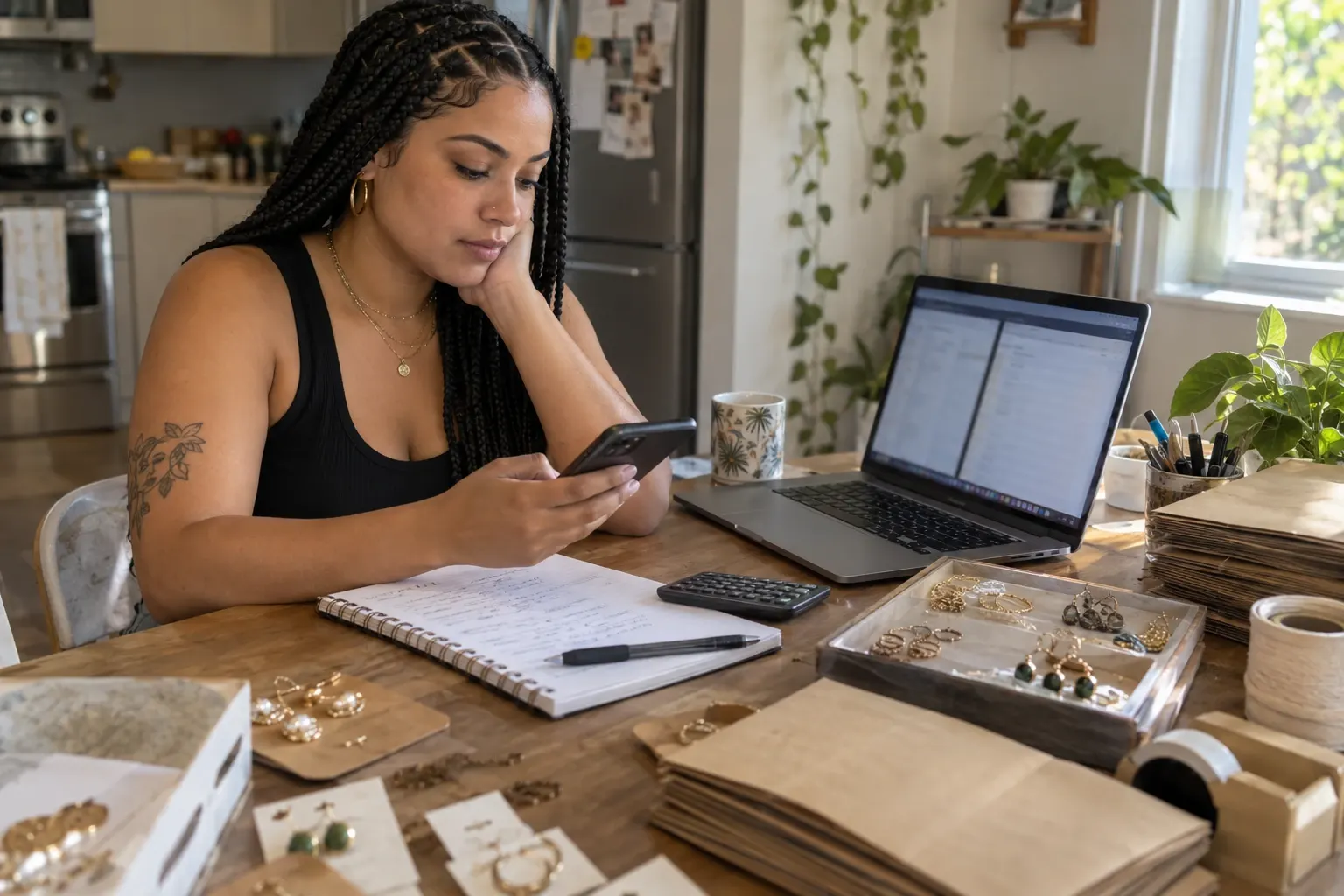 A Puerto Rican entrepreneur in her late twenties, with long braids, looks at her phone at her kitchen table next to an open laptop, a notebook with prices written down, a calculator and trays of earrings