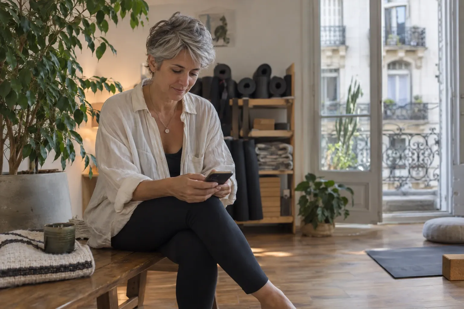 An Argentine yoga instructor in her mid-forties, with short gray hair and a linen shirt, reads messages on her phone while sitting on a bench in her Buenos Aires studio, with rolled-up mats and a ficus behind her