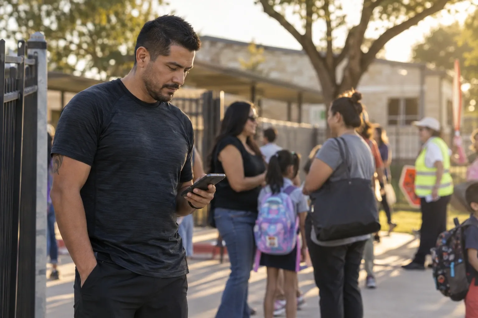 Un homme d’une quarantaine d’années, en tenue de sport, regarde son téléphone devant le portail d’une école primaire en attendant sa fille ; derrière lui, d’autres parents discutent