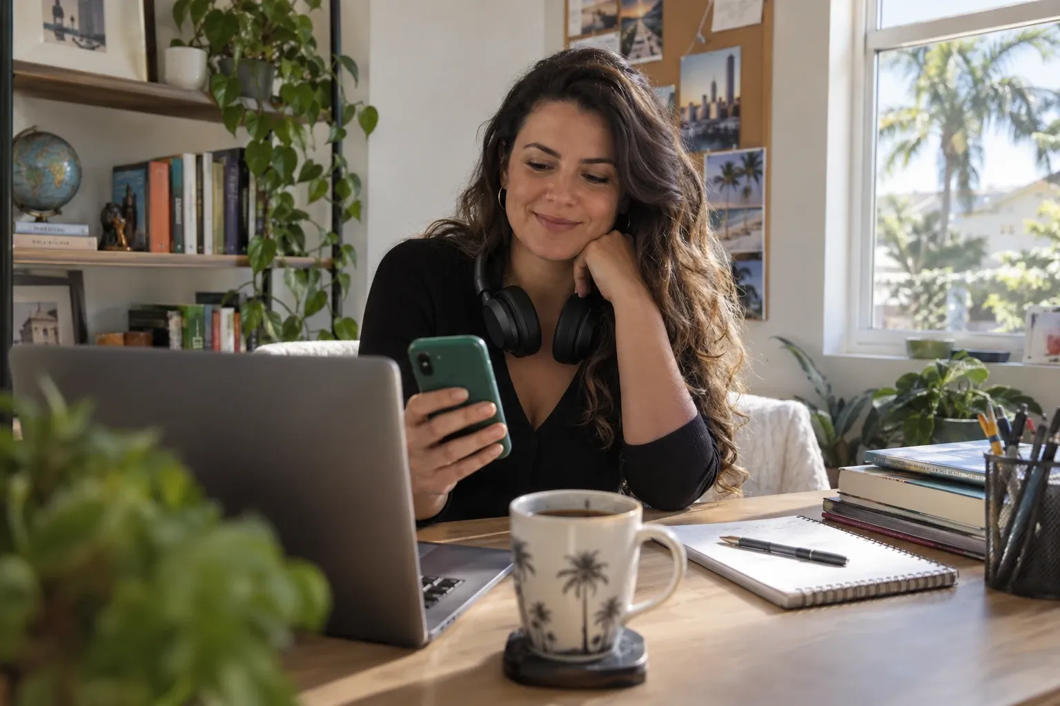 Une professeure particulière d’une quarantaine d’années, aux cheveux ondulés, sourit en regardant son téléphone à son bureau chez elle, un casque autour du cou, à côté d’un ordinateur portable et d’une tasse de café