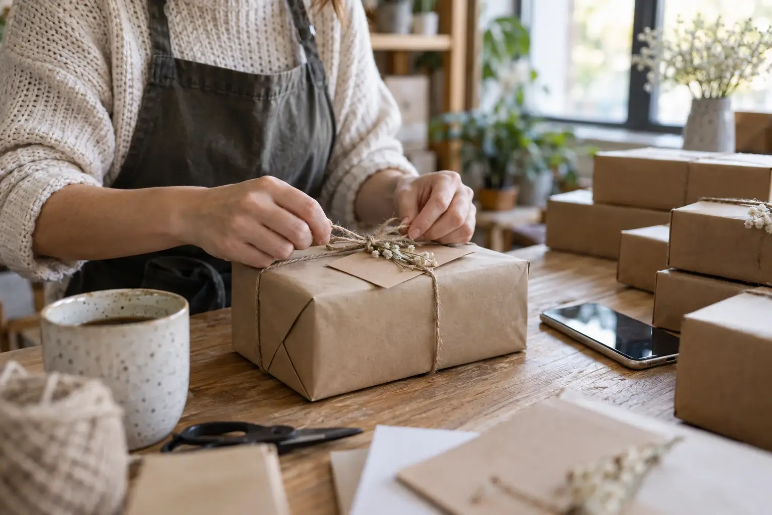 Las manos de una emprendedora envuelven un pedido en papel kraft con una tarjeta de agradecimiento, junto a su celular y otros paquetes listos