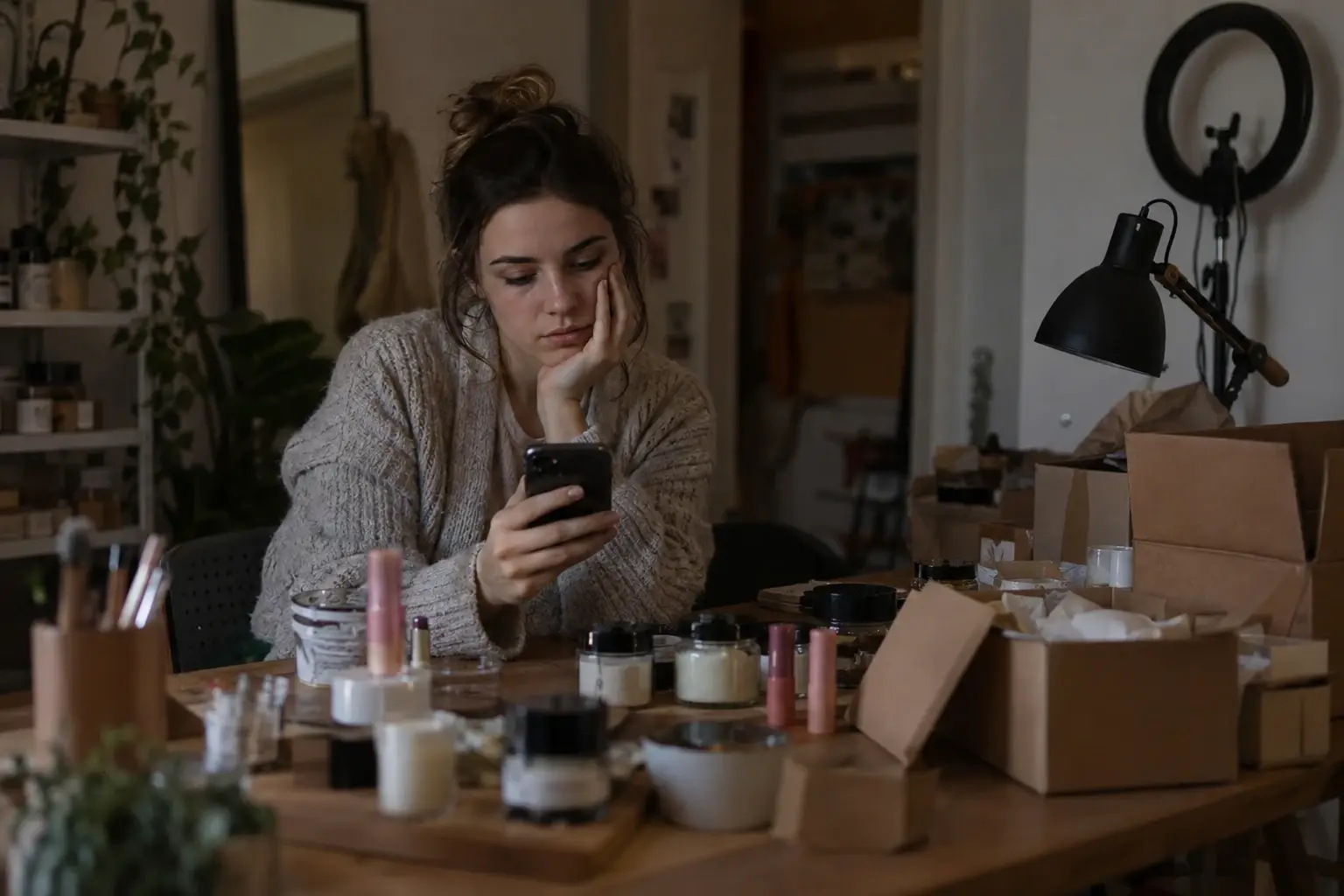 Una emprendedora que vende cosmética hecha a mano mira su celular, pensativa, en su mesa de trabajo llena de frascos y cajas sin enviar