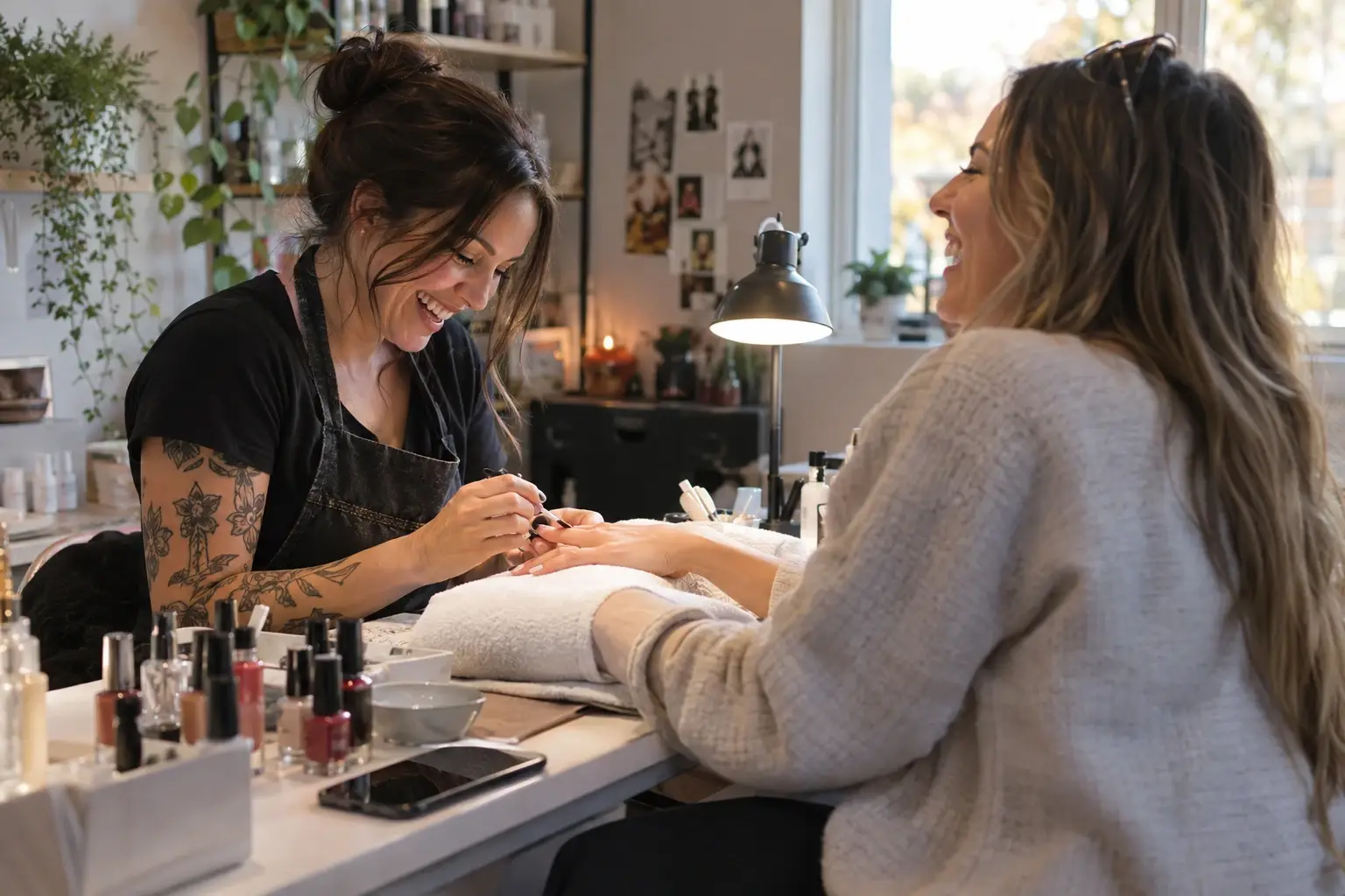 Una manicurista termina las uñas de una clienta en su estudio y las dos se ríen, con el celular sobre la mesa