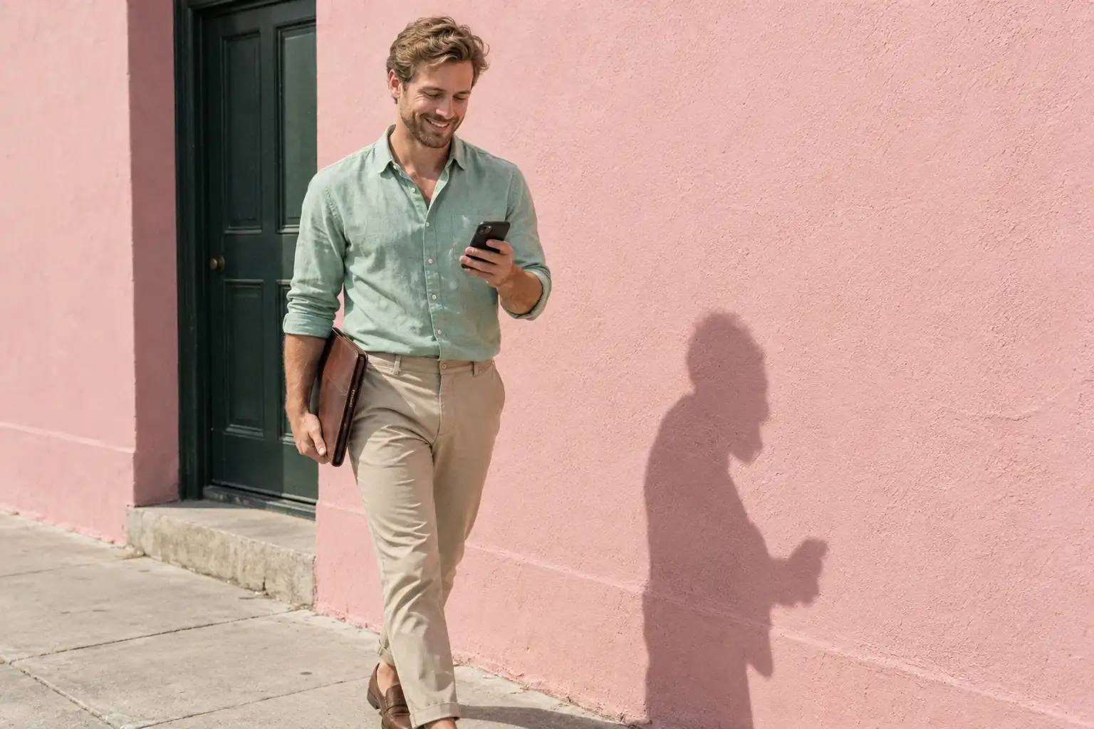 A young blond real estate agent in a mint green shirt walks down the street smiling at his phone, in front of a pink wall in the sun