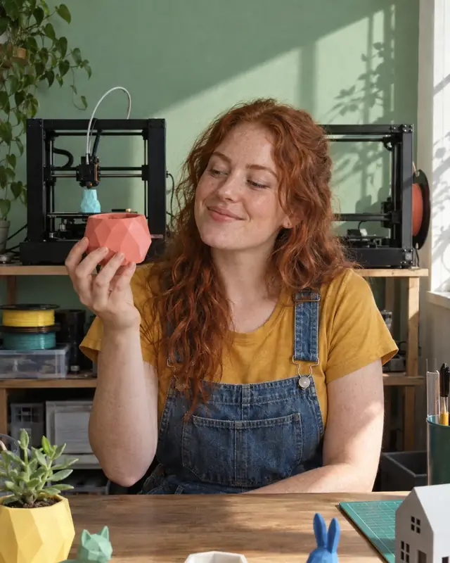 A young redhead with freckles holds up a 3D printed planter next to her printers