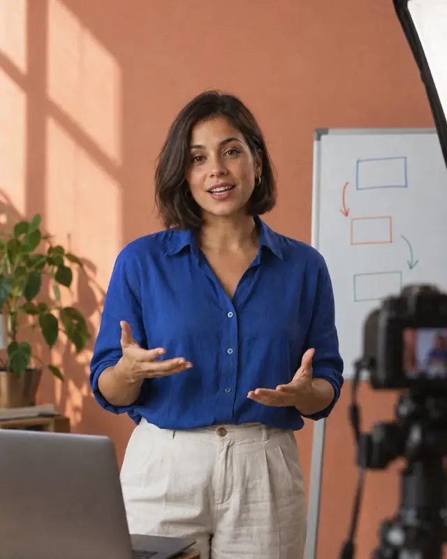 A young creator records a lesson for her course in front of the camera