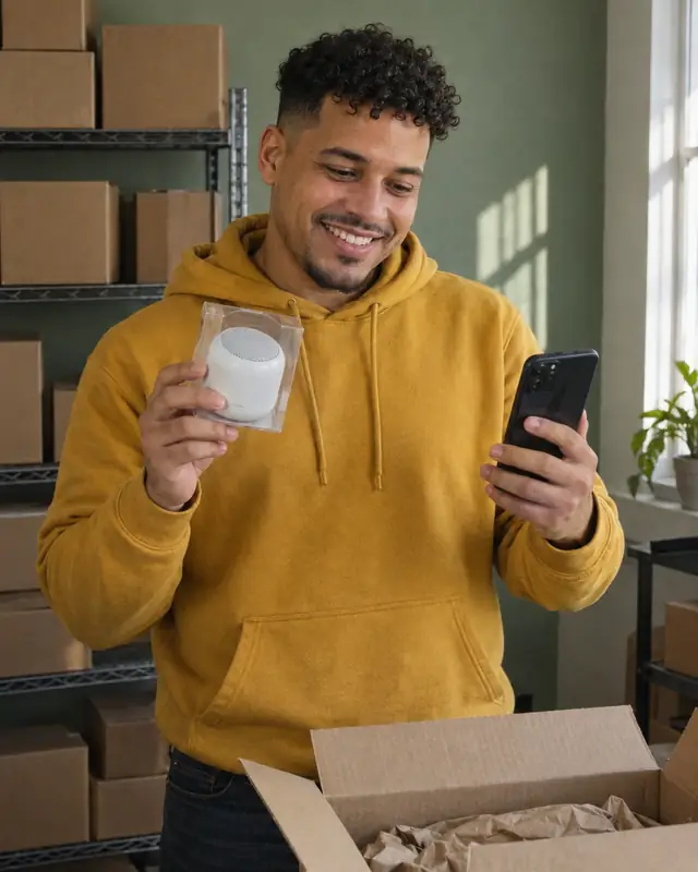 A young man opens a box of new inventory in his storage room and smiles at his phone