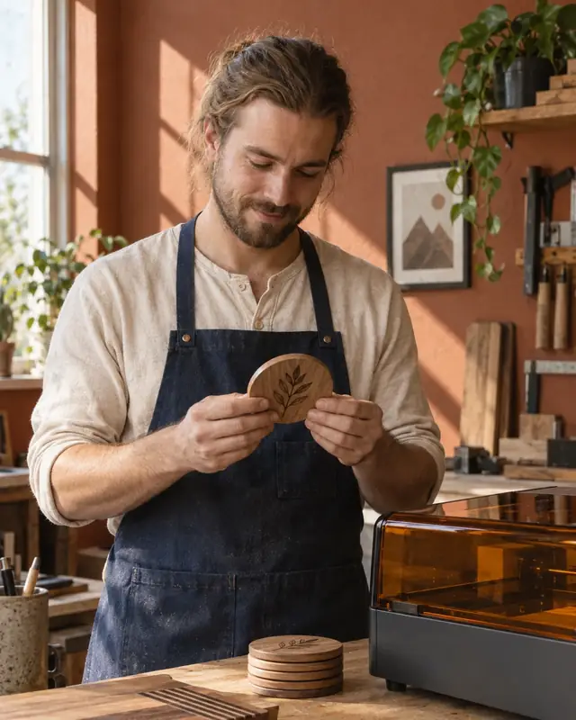A young man checks a freshly engraved wooden coaster next to his laser machine