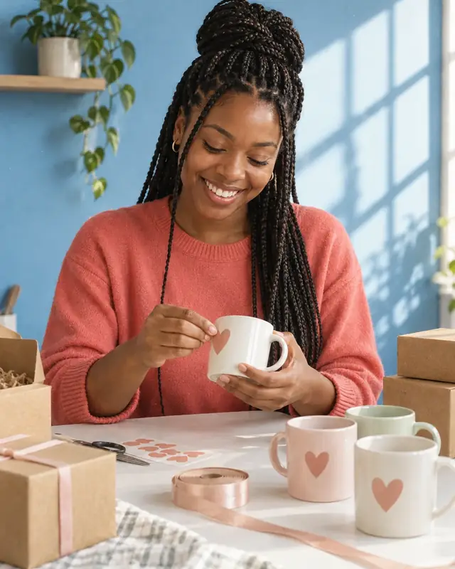 A young woman with braids customizes mugs in her blue-walled studio