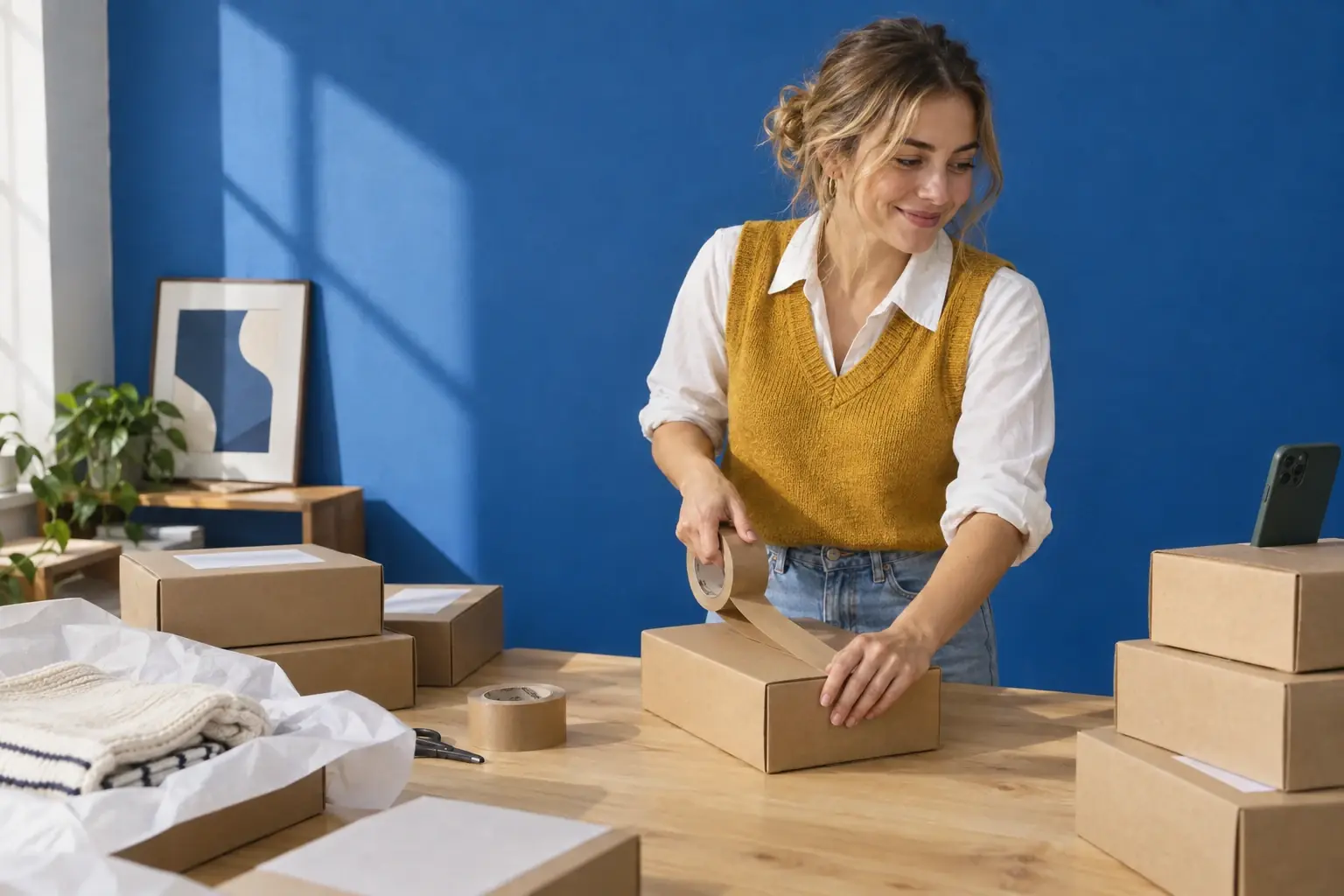 A young online clothing shop owner with blonde hair in a bun and a mustard vest tapes a shipping box shut among many packed orders, in front of a blue wall.