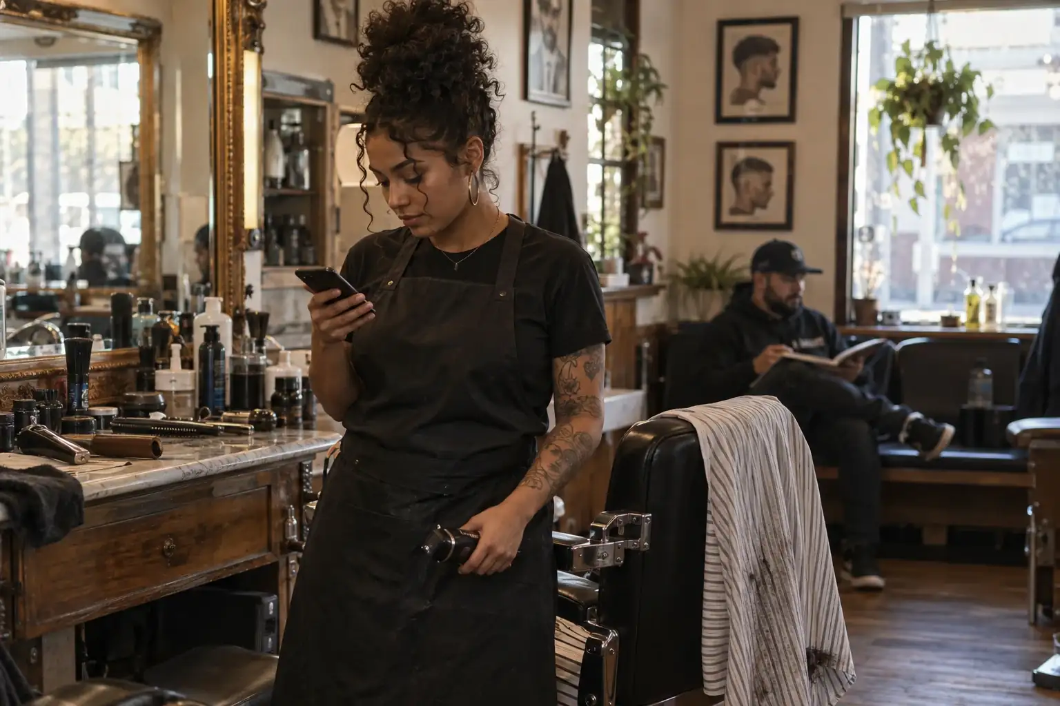 A barber checks her phone between two clients, clippers in her other hand, while a customer waits reading in the background