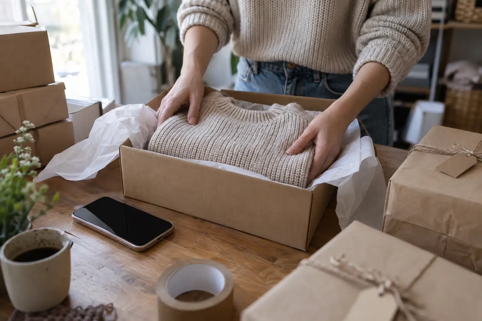 The hands of a clothing seller place a folded sweater in a cardboard box, with her phone on the table next to other packed orders