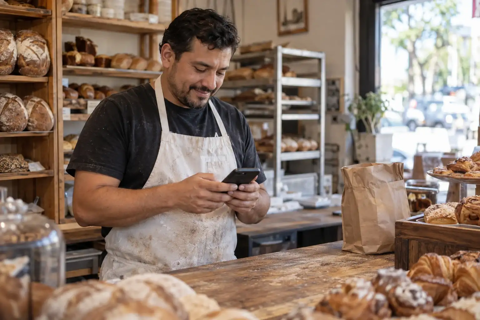 The owner of a neighborhood bakery types a message on his phone while leaning on the counter, with bread and pastries on the shelves behind him