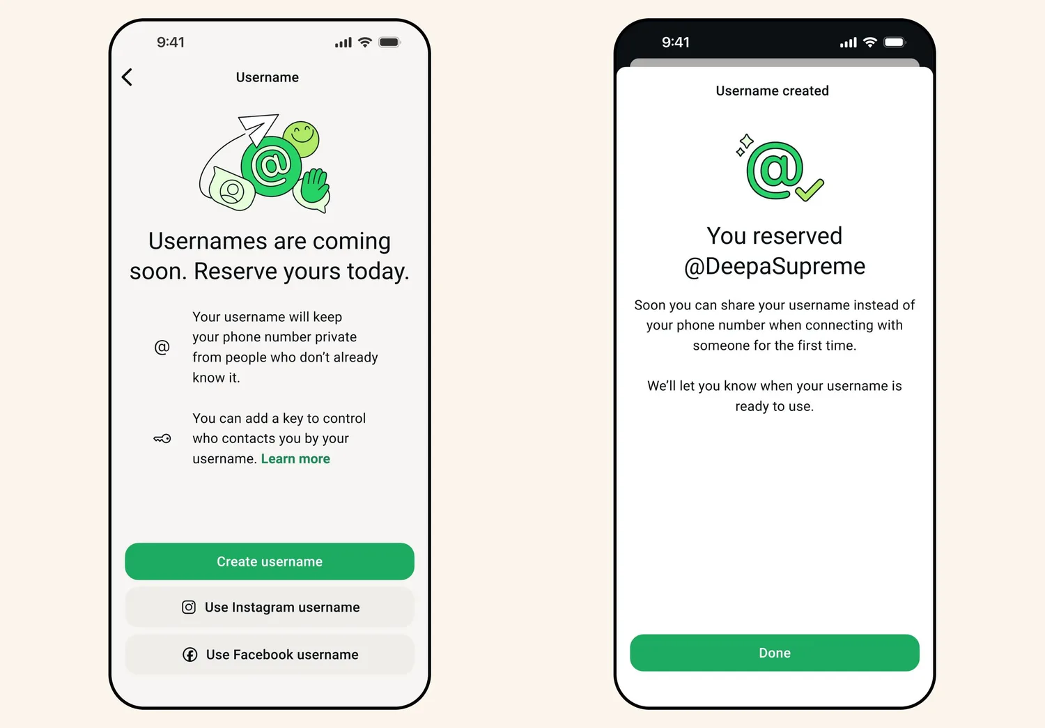 Two WhatsApp screens: one invites you to reserve a username with options to create one or use your Instagram or Facebook username, and the other confirms the reserved username