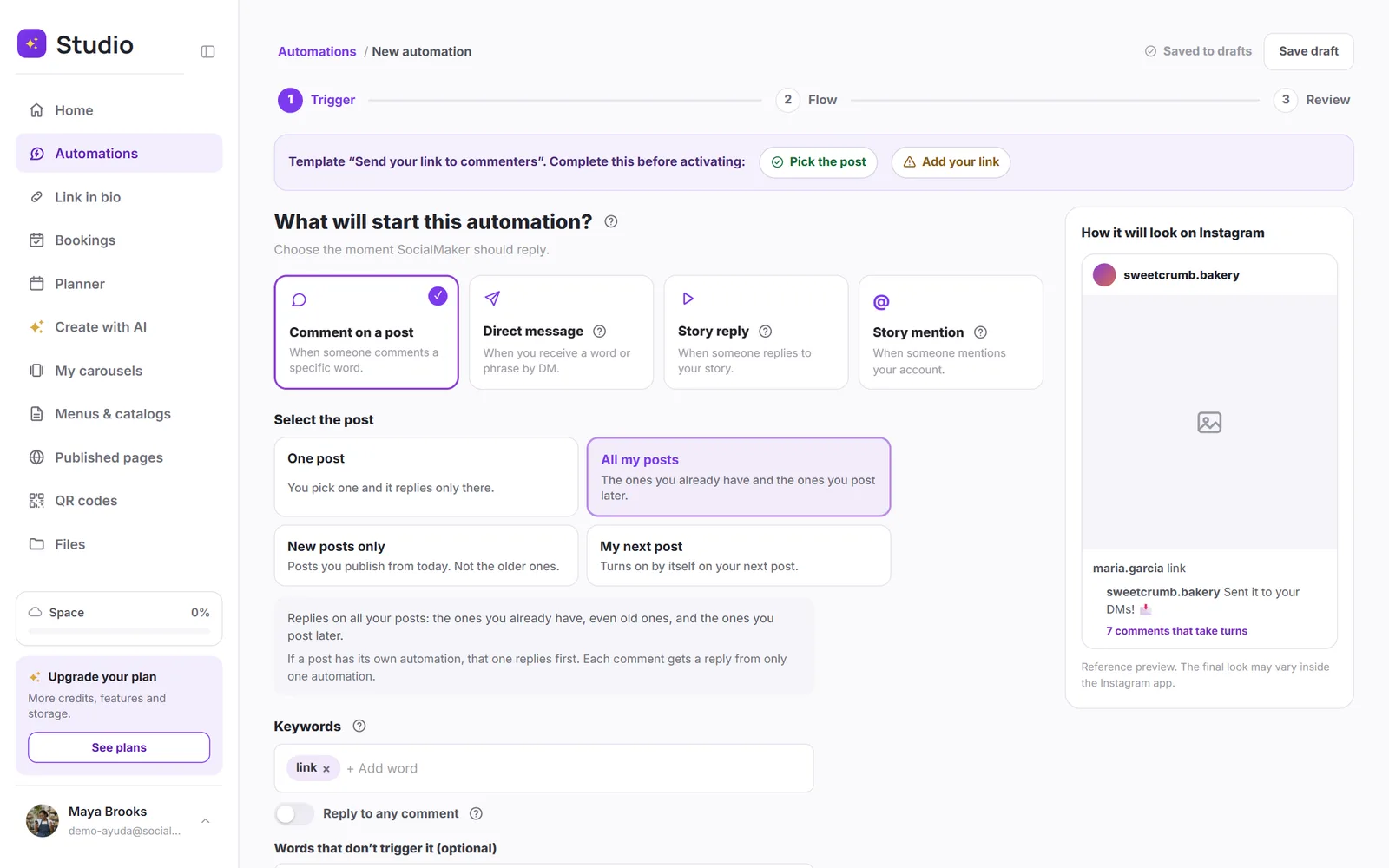A new automation with the “Saved to drafts” notice at the top right