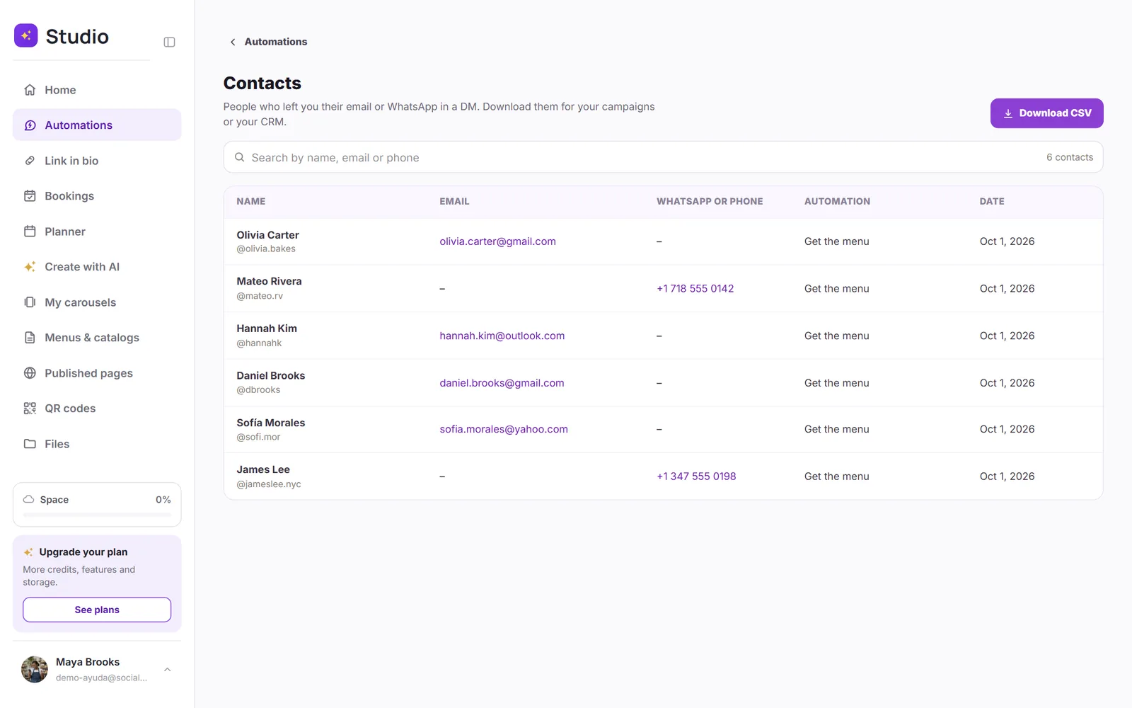 The Contacts list with the search box and the Download CSV button