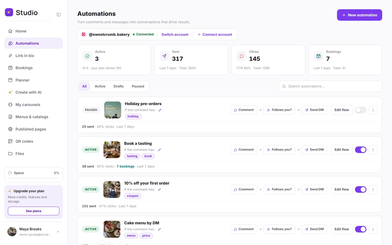 Automations panel with the New automation button