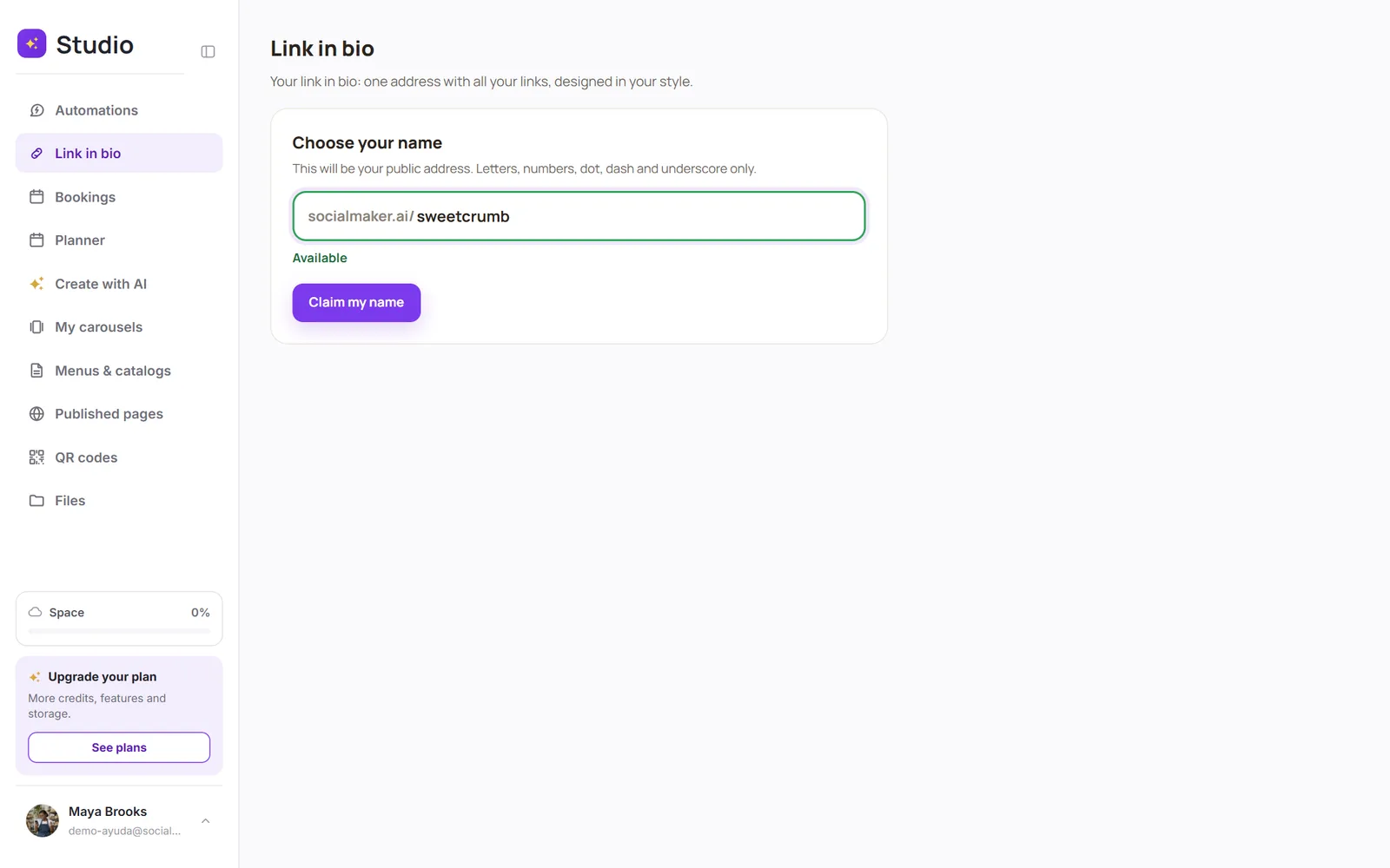 Choose your name: the field with the socialmaker.ai/ address and the Claim my name button