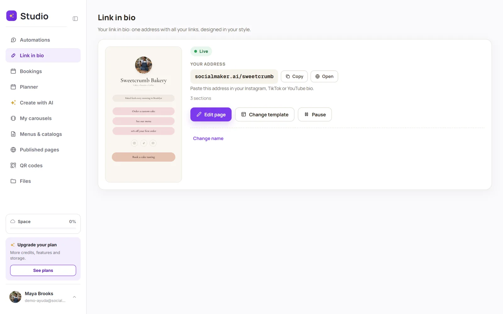 Painel de Link in bio com o endereço, o status Ativa e os botões Copiar e Abrir
