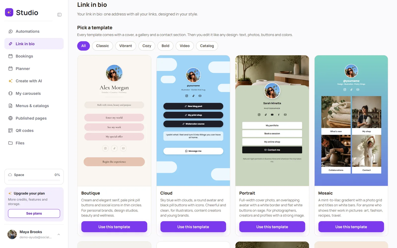 Link in bio template gallery with style filters