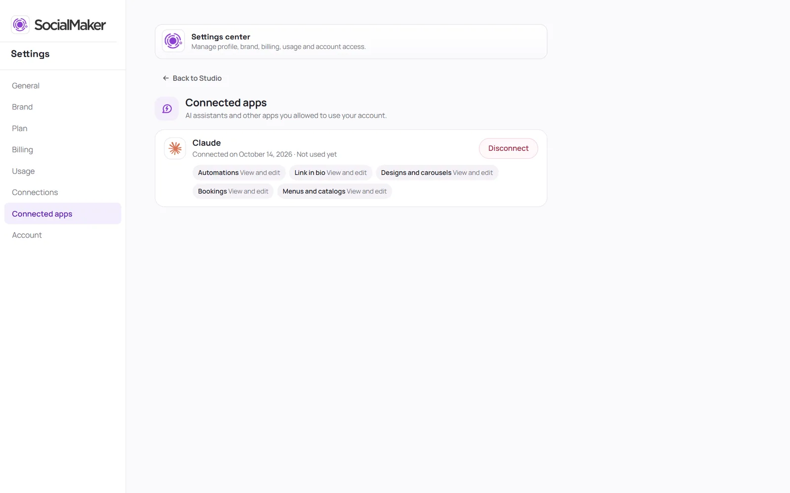 Connected apps in SocialMaker, with Claude connected