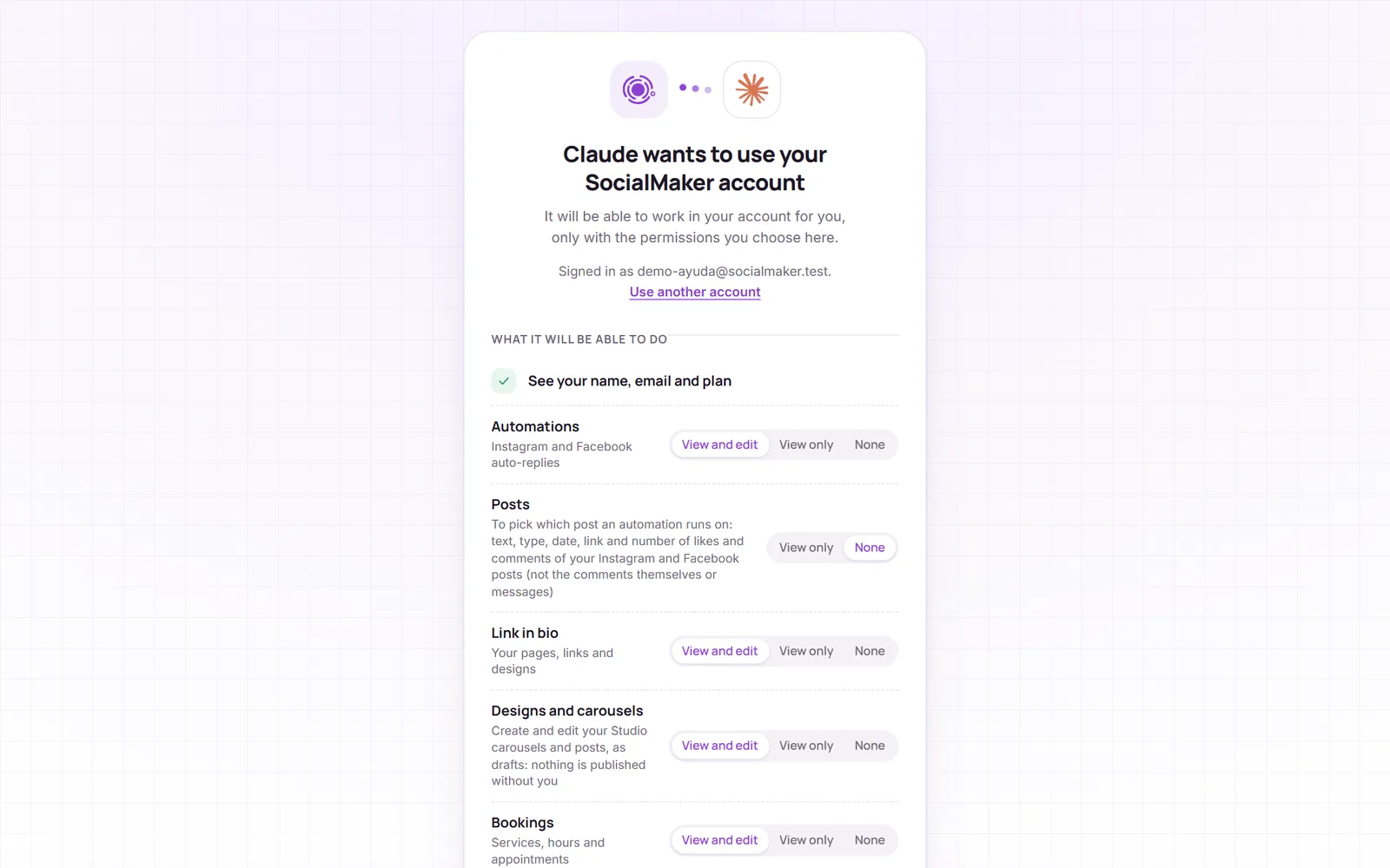 SocialMaker's permissions screen for Claude