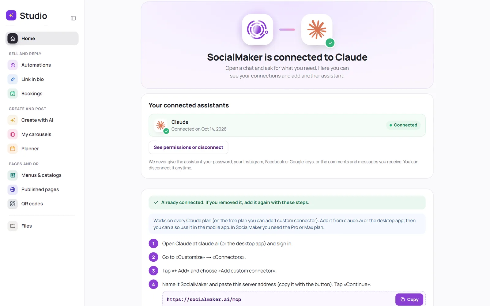 Connect your assistant, in the SocialMaker Studio