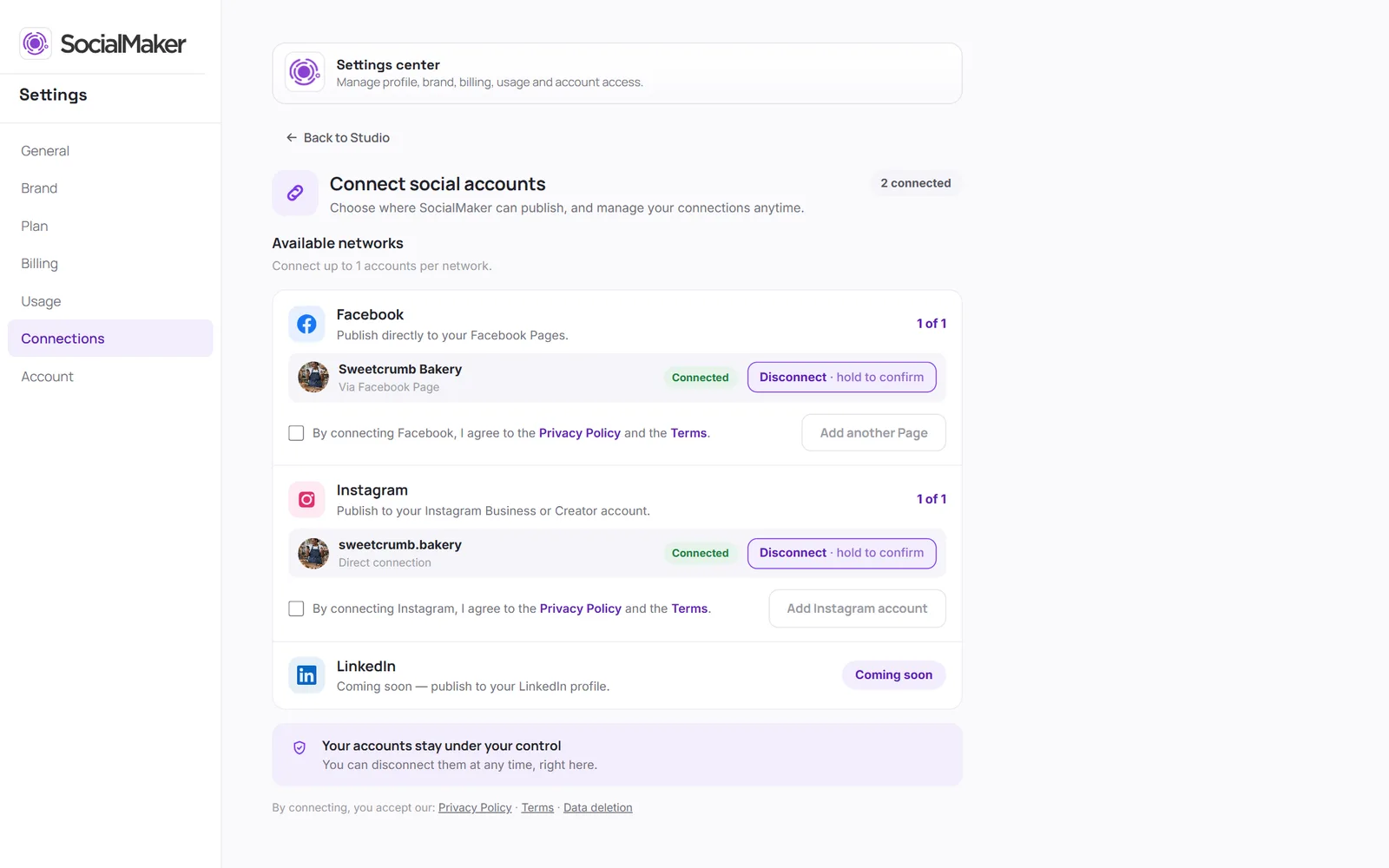 Settings, Connections section, with Instagram and Facebook connected