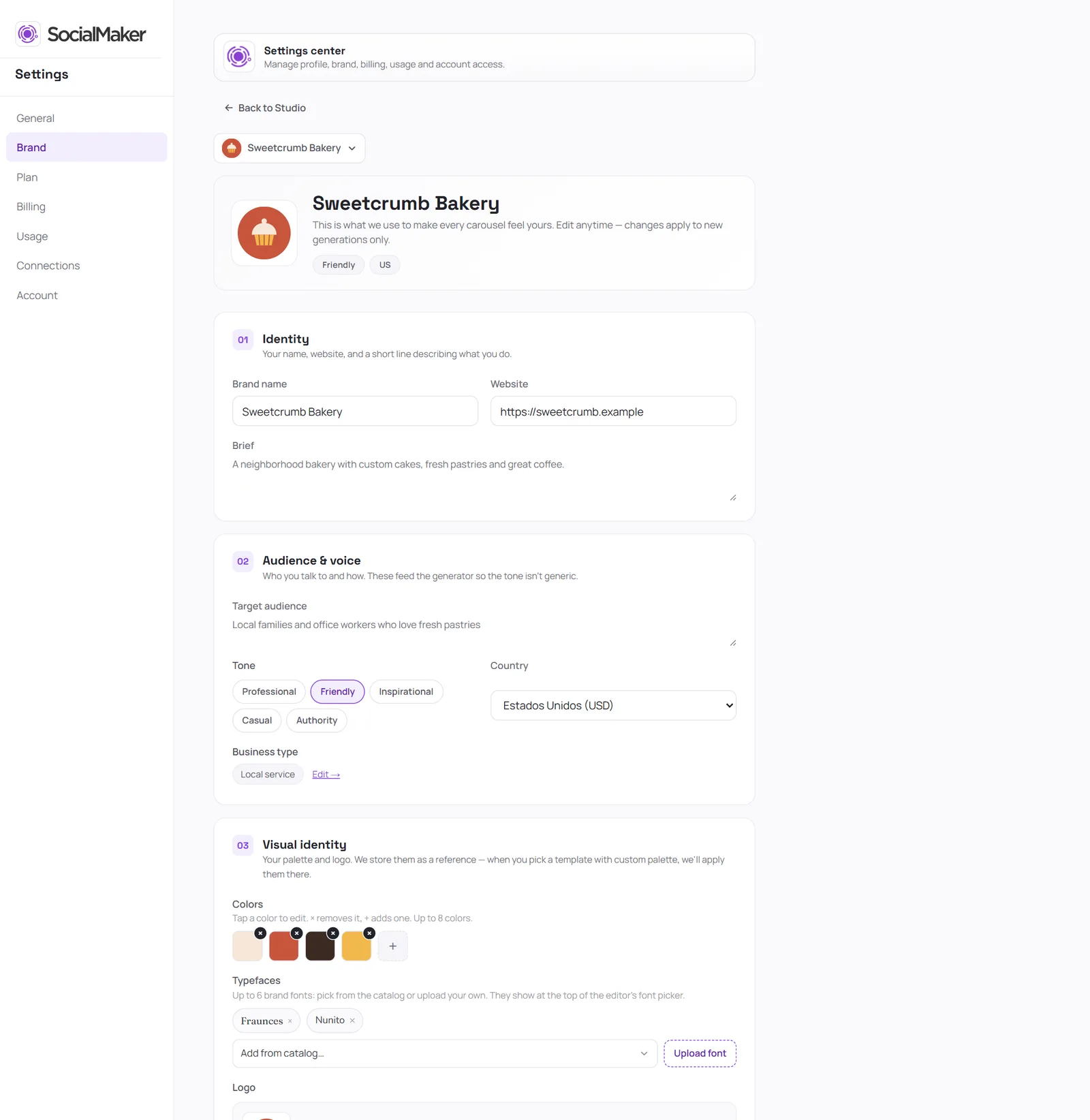 Settings → Brand: identity, audience and voice, colors and logo