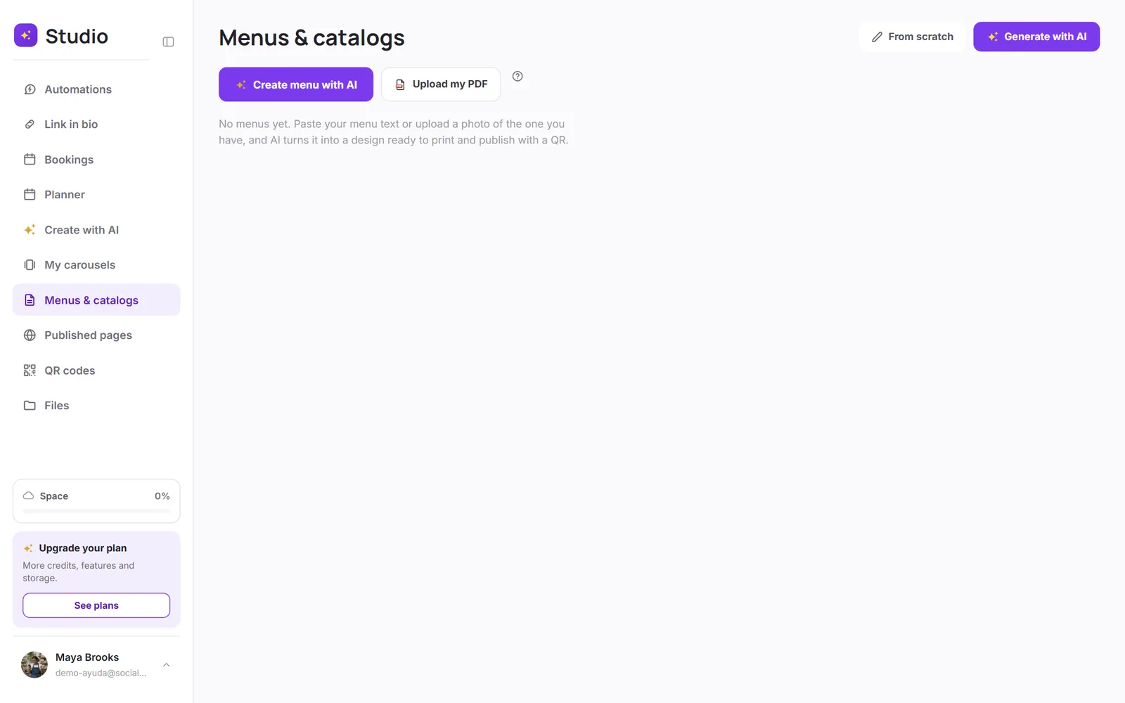 Menus et catalogues avec les boutons Créer un menu avec l'IA et Importer mon PDF